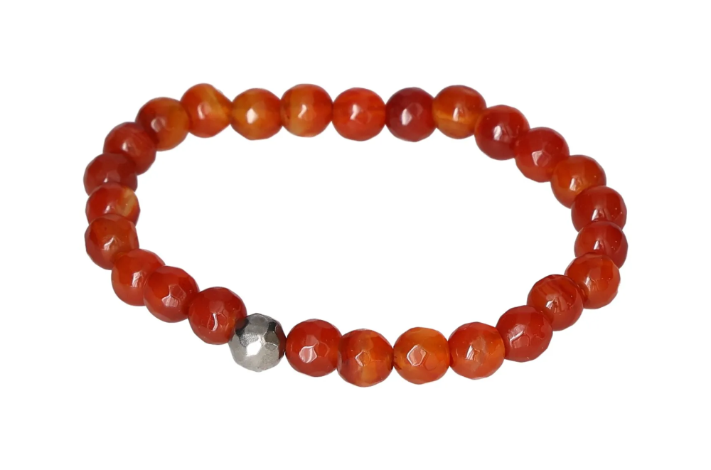 Red Agate 6 mm Bracelet 634229 P10 with polished beads on elastic band, showcasing vibrant red tones and natural agate patterns.