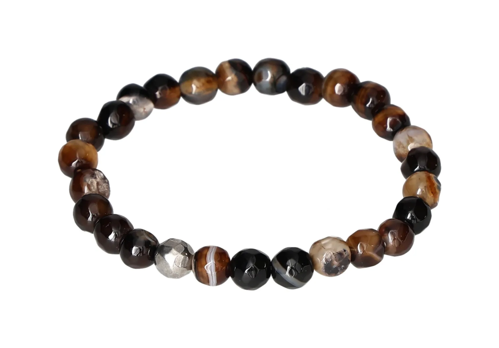 Brown Agate 6 mm Bracelet 634250 P10 with polished beads on an elastic band showcasing natural banding and earthy tones.