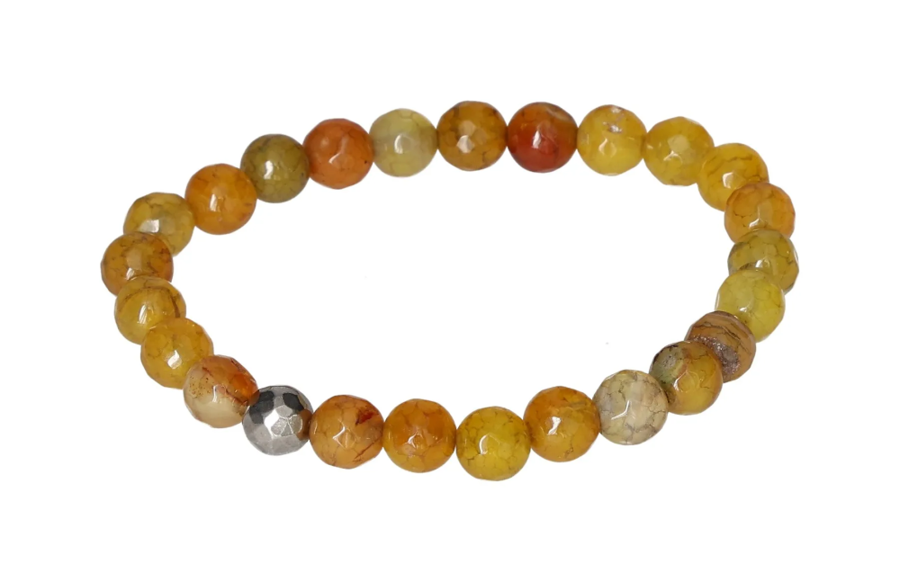 Yellow Agate 6 mm Bracelet 634281 P10 with polished beads on elastic band showcasing bright yellow tones and natural banding patterns.