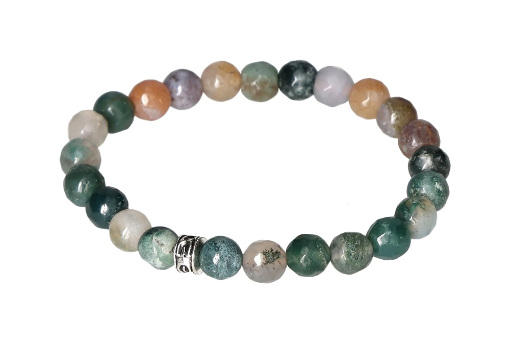 Mix Agate 6 mm Bracelet 634311 P10 with colorful polished beads on elastic band, highlighting unique agate patterns and hues.