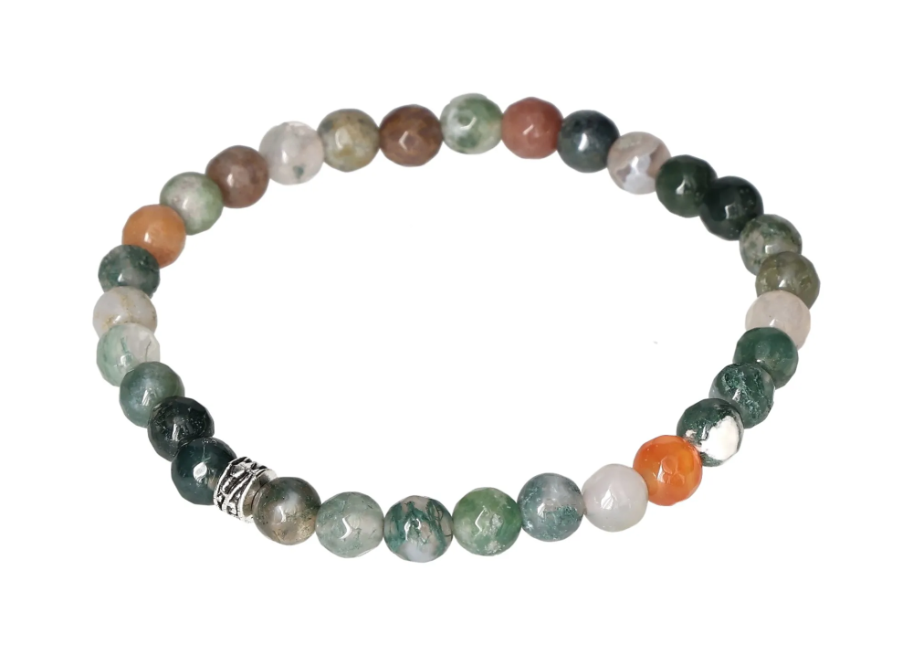Mix Agate 6 mm Bracelet 634311 P10 with colorful agate beads on elastic string, showcasing varied hues and patterns for elegant wear.