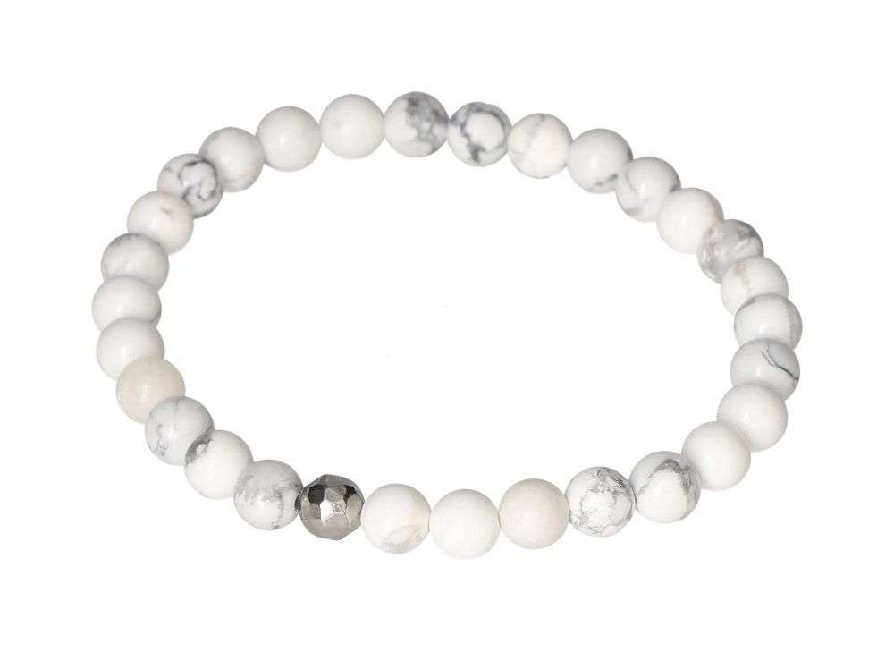 Magnesite 6 mm Bracelet 634373 P10 with polished beads showcasing serene white tones and gray veining on an elastic band.