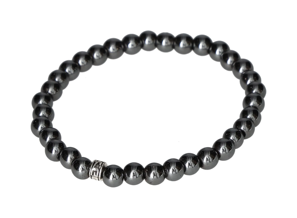Hematite 6 mm Bracelet 634434 P10 featuring polished beads on an elastic band with metallic silver-gray luster and smooth finish.