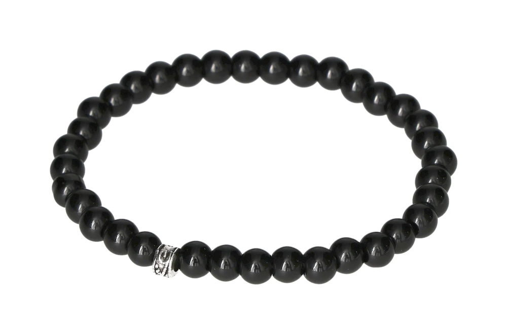 Obsydian 6 mm Bracelet 19 cm 634489 P10 with polished black obsidian beads on elastic band