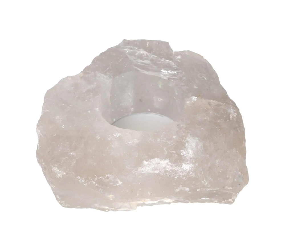 Rock Crystal Clear Candle Holder 634519 P10 featuring polished natural quartz with carved cavity for candles, exuding sparkling ambiance.