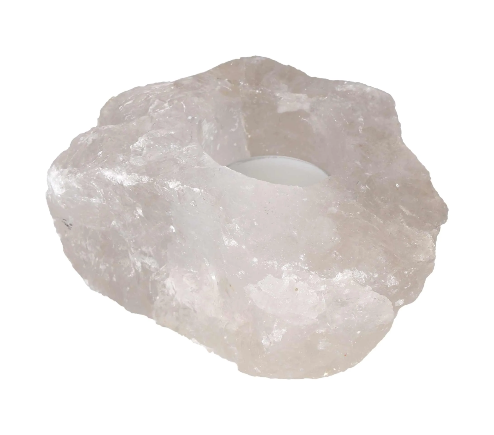 Rock Crystal Clear Candle Holder 634519 P10 featuring polished clear quartz with a cavity for candles, showcasing natural quartz clarity.
