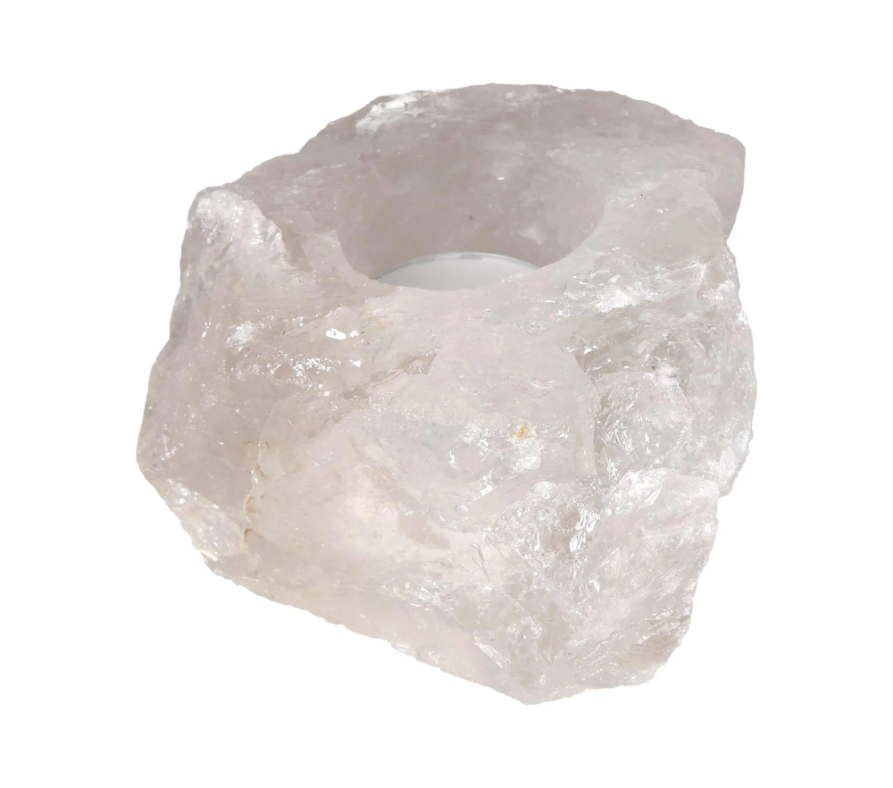 Rock Crystal Clear Candle Holder 634519 P10 with natural quartz for candles, showcasing clear transparency and elegant light refraction.