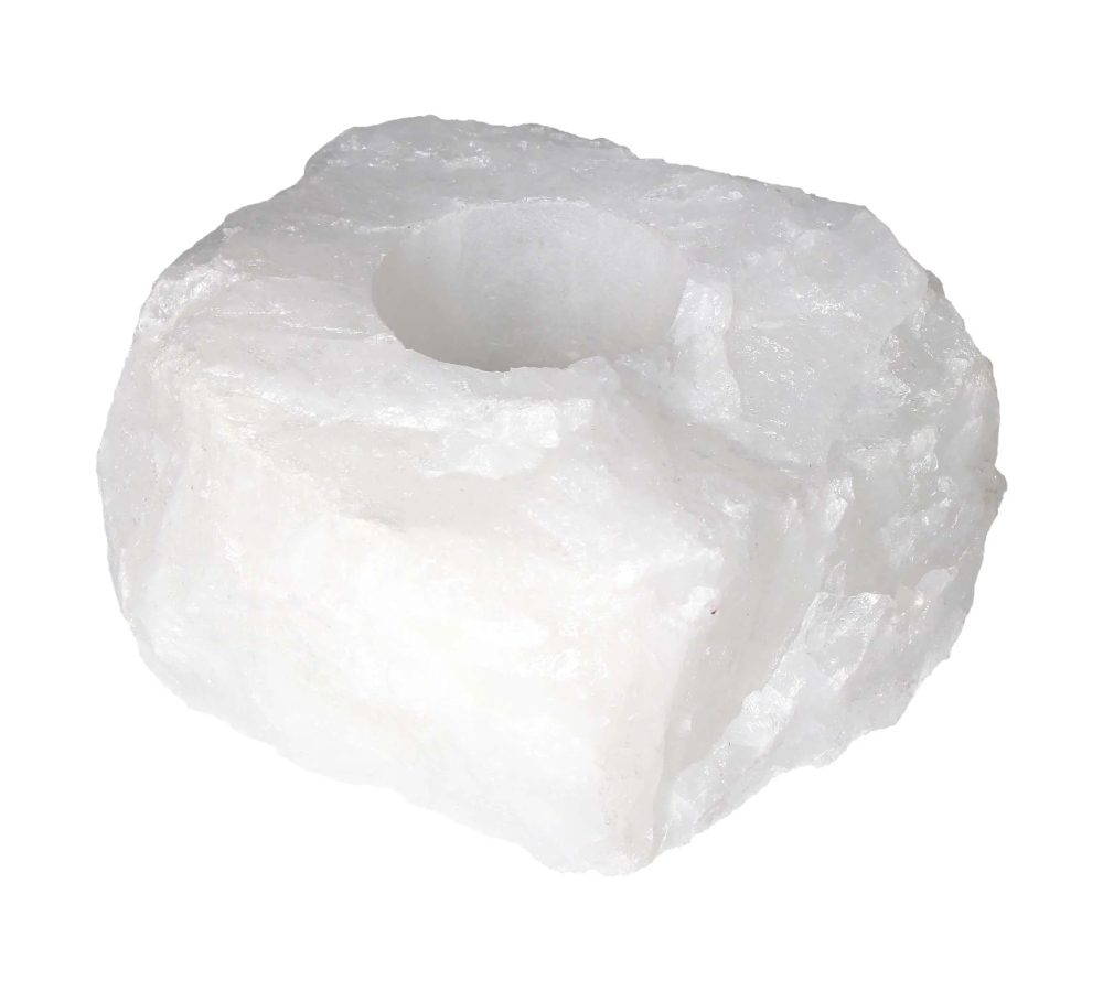Rock Crystal Rough Candle Holder 634526 P10 made of natural rough quartz with carved candle cavity, showcasing clarity and light reflections.