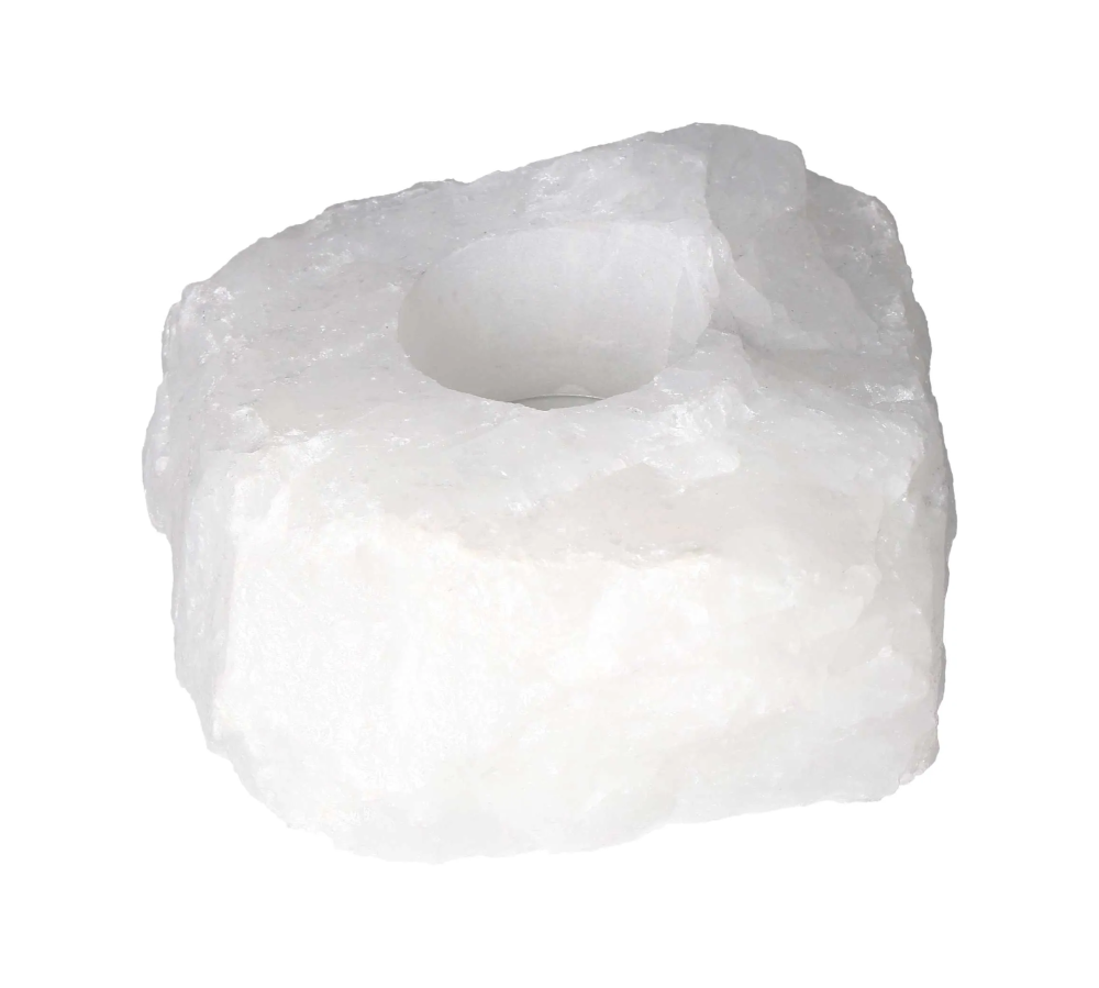 Rock Crystal Rough Candle Holder 634526 P10 in natural quartz with carved cavity for candles, showcasing crystalline clarity.