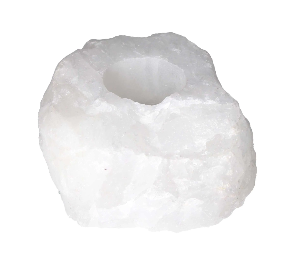 Rock Crystal Rough Candle Holder 634526 P10 featuring a natural quartz design with a carved cavity for illuminating candles.