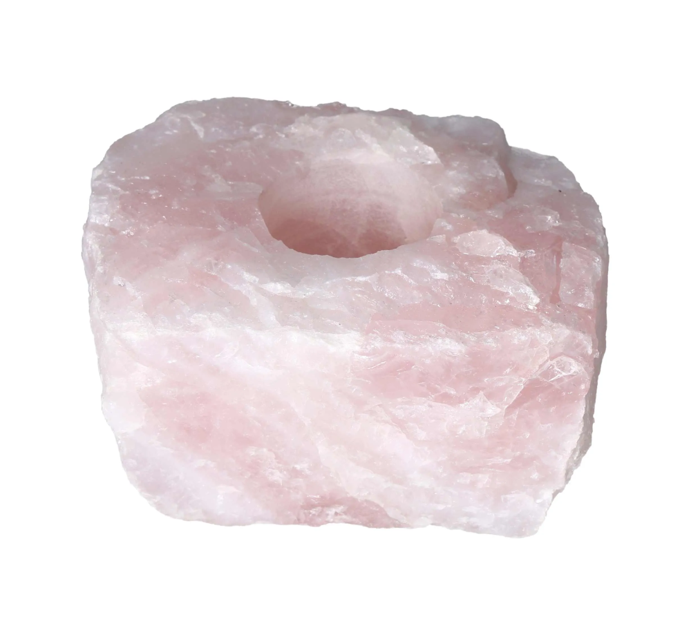 Rose Quartz Rough Candle Holder 634533 P10 in natural, unpolished stone showing pink hues and crystalline texture.