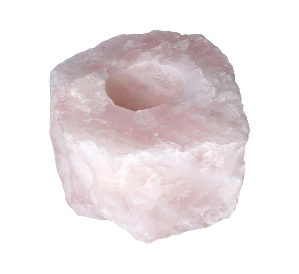 Rose Quartz Rough Candle Holder 634533 P10 with natural pink hues and unpolished stone, ideal for romantic candlelit ambiance.
