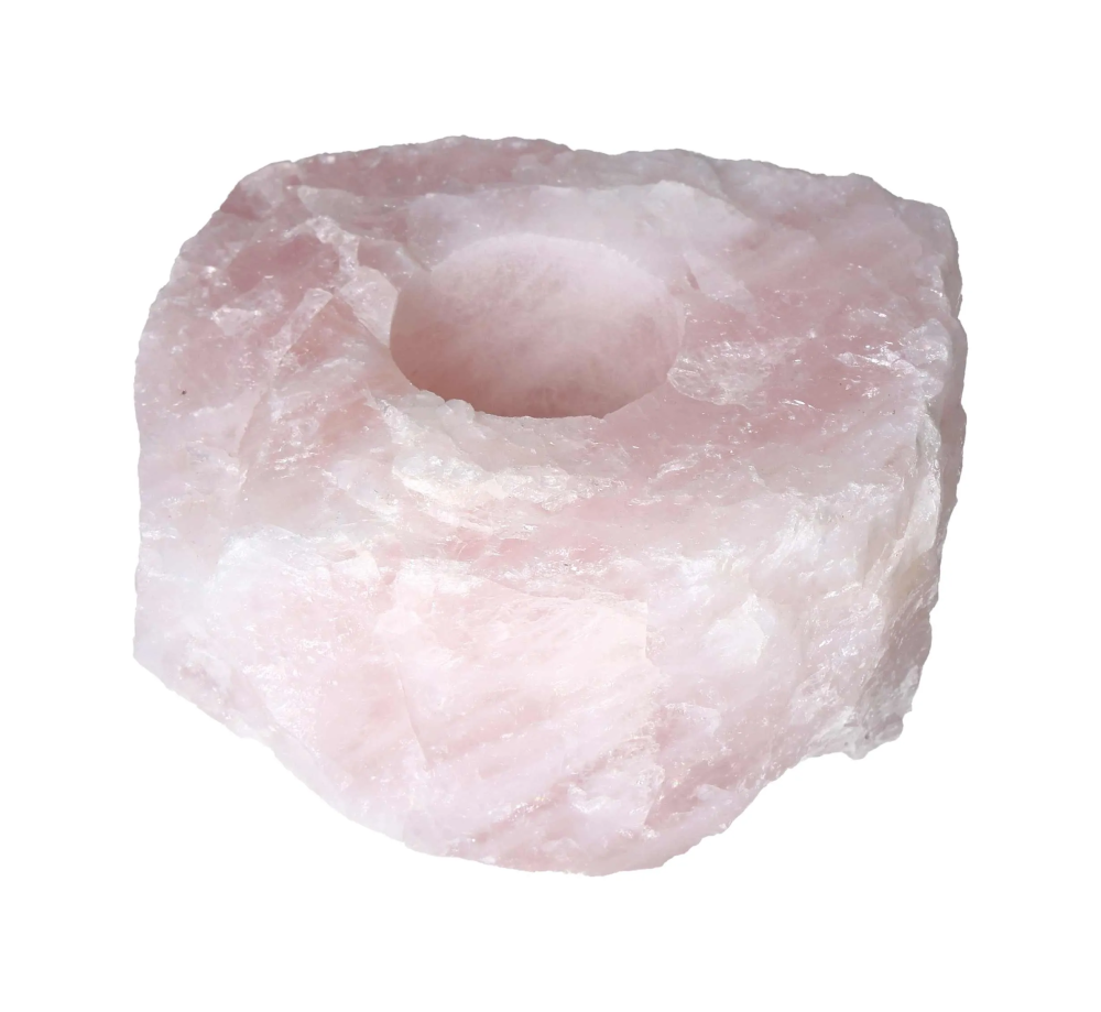 Rose Quartz Rough Candle Holder 634533 P10 showcasing natural pink hues and crystalline structure for a romantic ambiance.