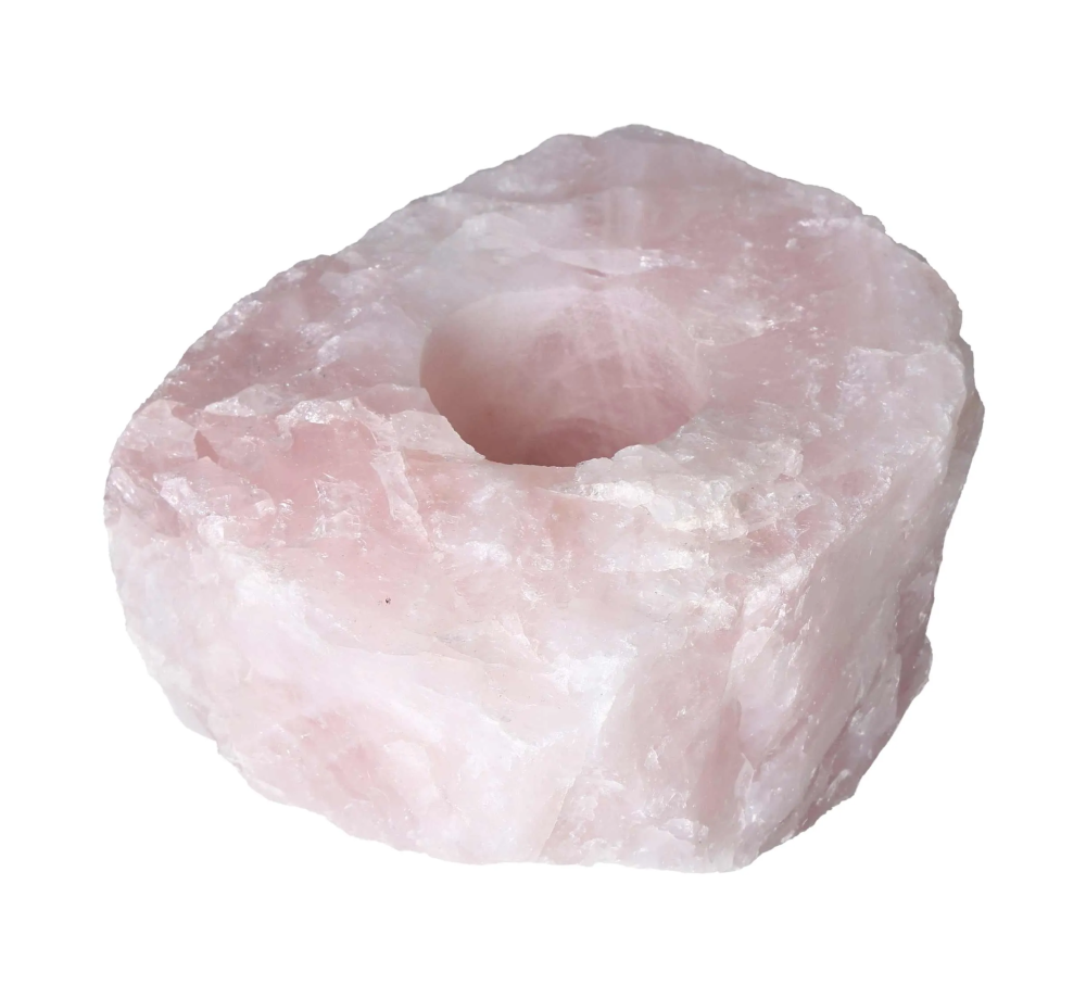 Rose Quartz Rough Candle Holder 634533 P10 featuring natural rough stone with a carved cavity for candles, displaying gentle pink hues.