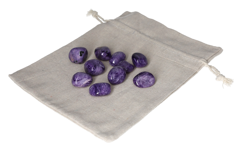Charoite 634571 P10 stones on fabric bag, symbolizing intuition and wisdom, for mental clarity and inner harmony.