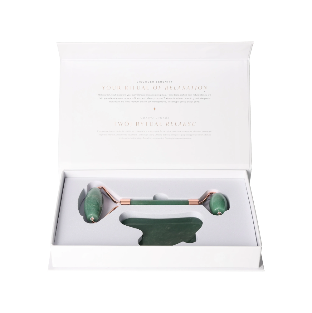 Green Aenturine Roller And Gua Sha Set 634915 in white box