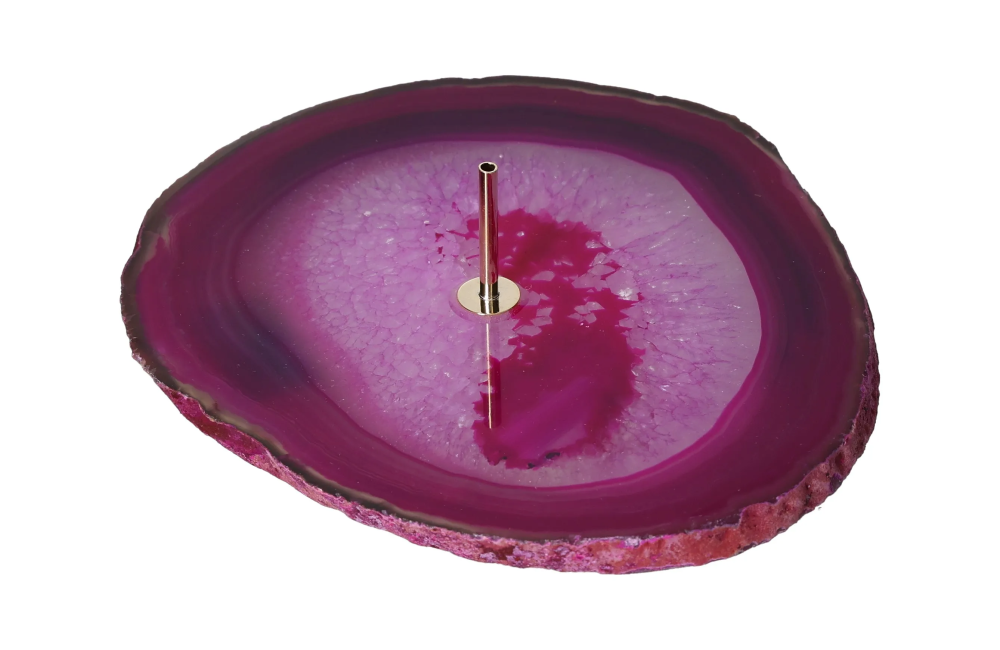 Polished Agate Slice Incense Holder 634922 in vibrant purple, harmonizing energy, balancing body, mind, and emotions.