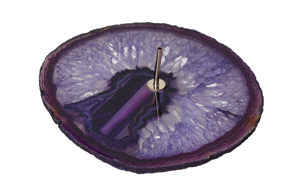 Polished Agate Slice Incense Holder 634960 with a vibrant purple hue promoting peace and spiritual harmony, ideal for meditation.