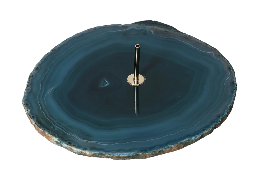 Polished Agate Slice Incense Holder 635042 with rich blue tones, featuring a central stick holder for incense display.