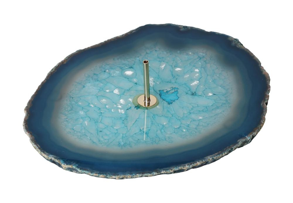 Polished Agate Slice Incense Holder 635042 featuring a blue agate slice with incense holder in center, premium crystal decor