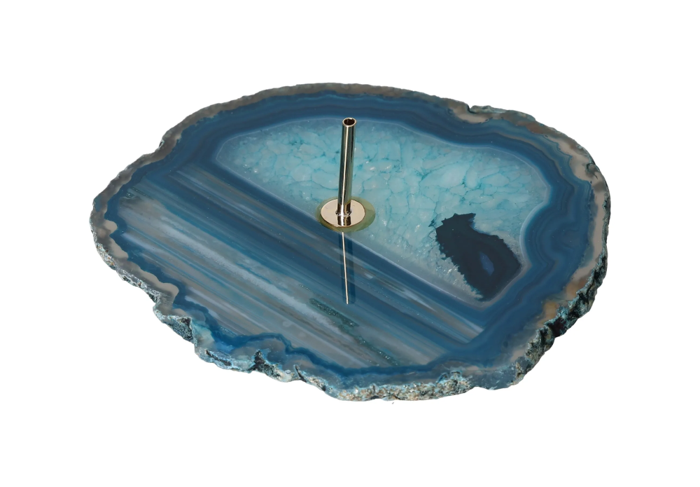 Polished Agate Slice Incense Holder 635042 in blue, featuring a metallic incense stick holder on a polished stone surface.