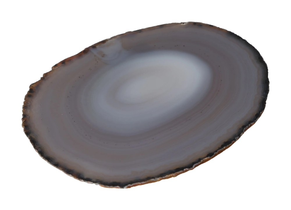 Polished Agate Slice 635103 showcasing natural banding in neutral tones, ideal for decor and collections.