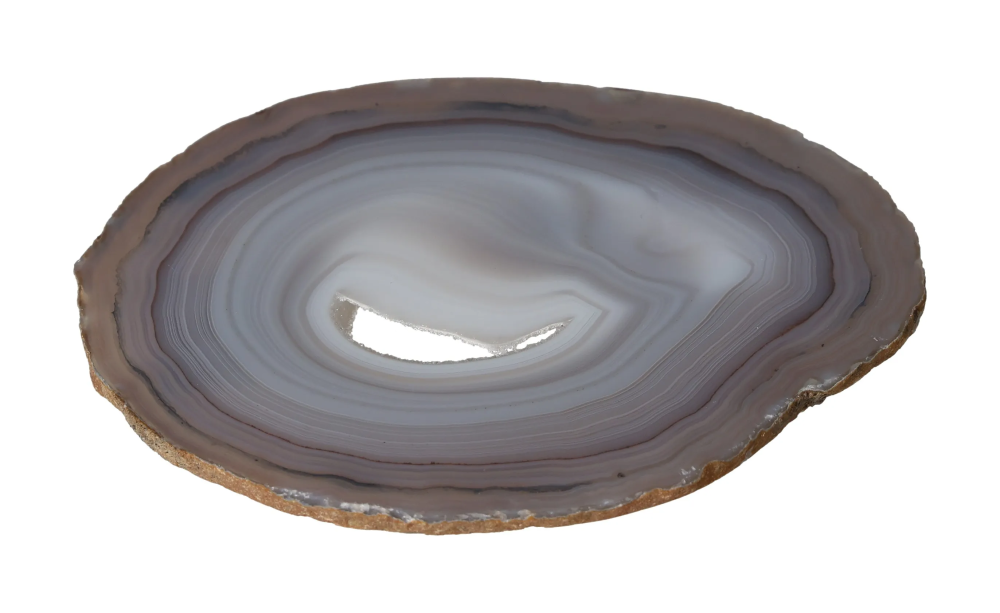Polished Agate Slice With Quartz 635110 on white background, showcasing natural patterns and quartz center