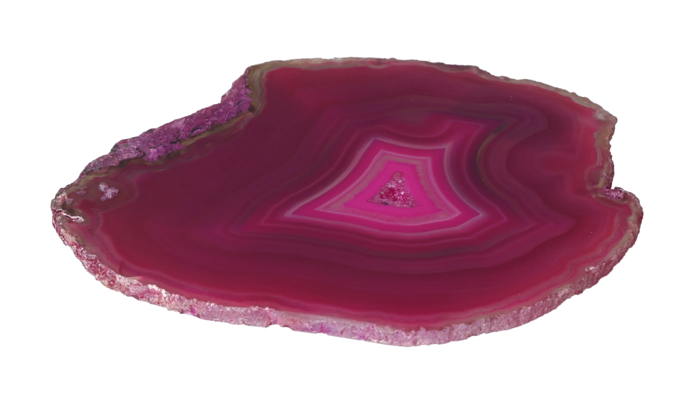 Vibrant pink polished agate slice 635134 featuring concentric patterns.