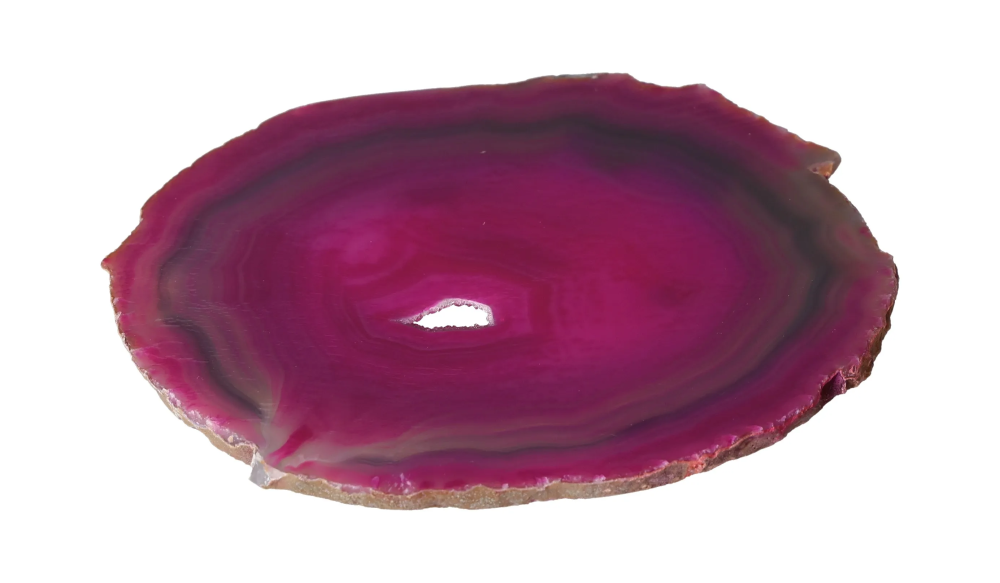 Polished Agate Slice 635134 in vibrant magenta color with natural banding patterns, ideal for home decor and crystal collectors.
