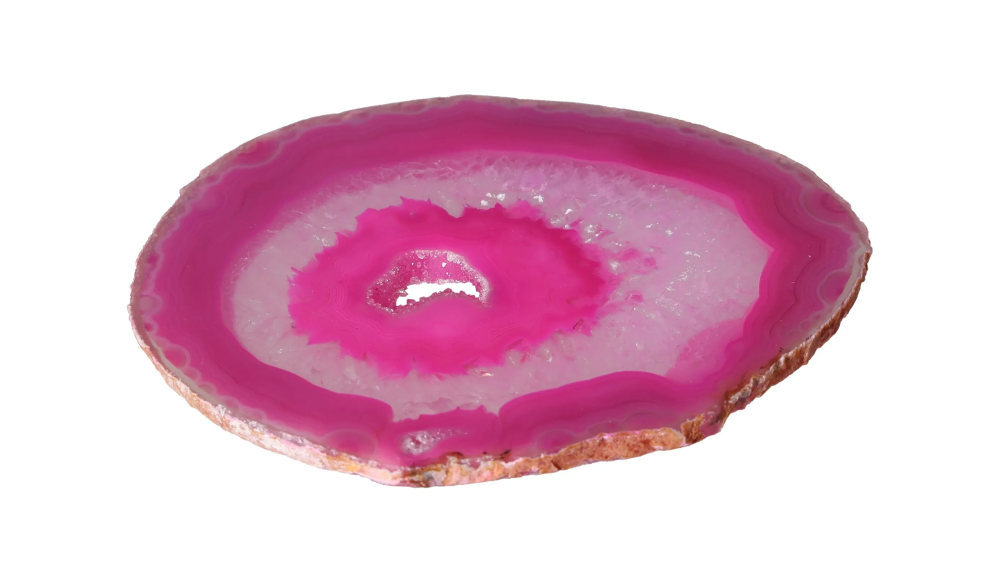 Polished Agate Slice 635134 displaying vibrant pink hues and enchanting patterns, ideal for home decor and mineral collectors.