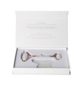 White Jade Roller And Gua Sha Set 635349 in an open luxury packaging box with dual-ended roller and gua sha tool for skincare rituals.