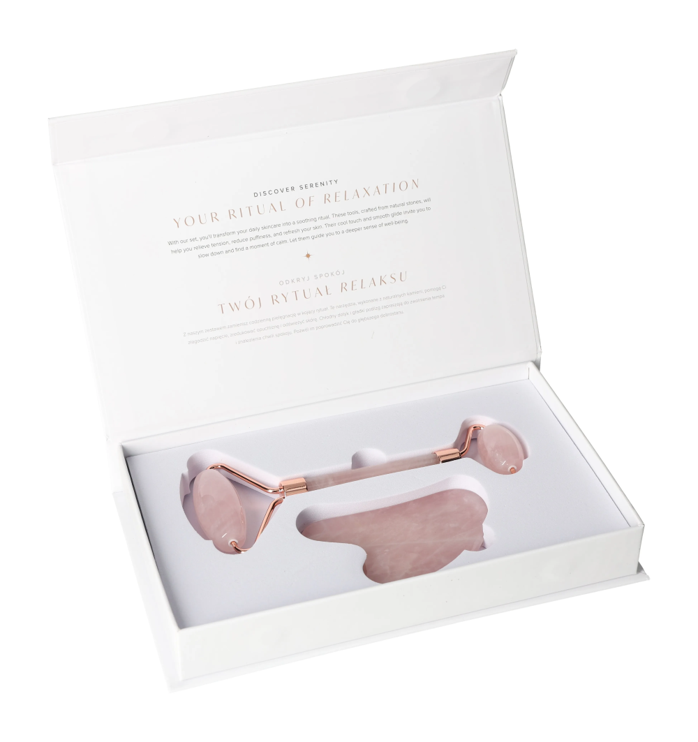 Rose Quartz Roller And Gua Sha Set 635356 in open white box for facial massage and skincare