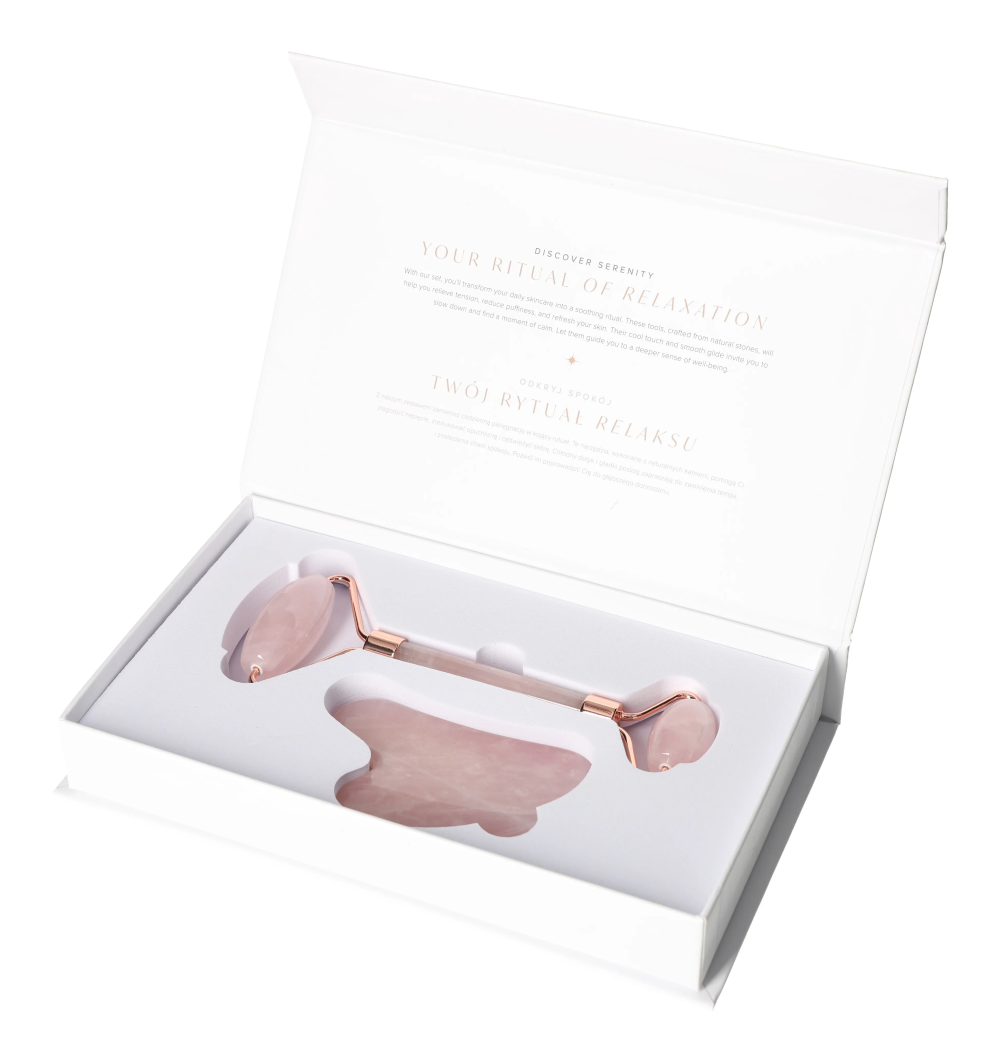Rose Quartz Roller And Gua Sha Set 635356 in elegant packaging for skincare rituals.