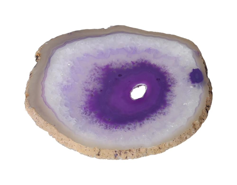 Polished Agate Slice 635158, a vibrant purple and white agate slice showcasing a unique natural pattern, ideal for decor or collection.