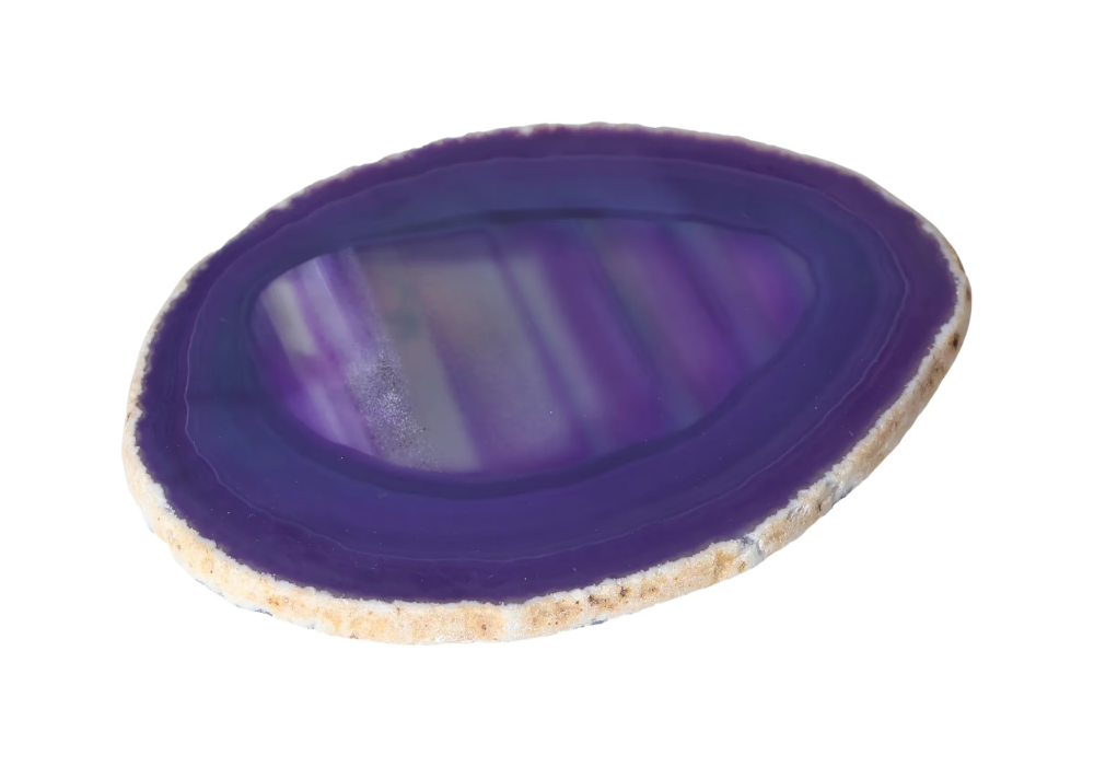 Polished Agate Slice 635165 with vibrant purple hues and natural patterns.