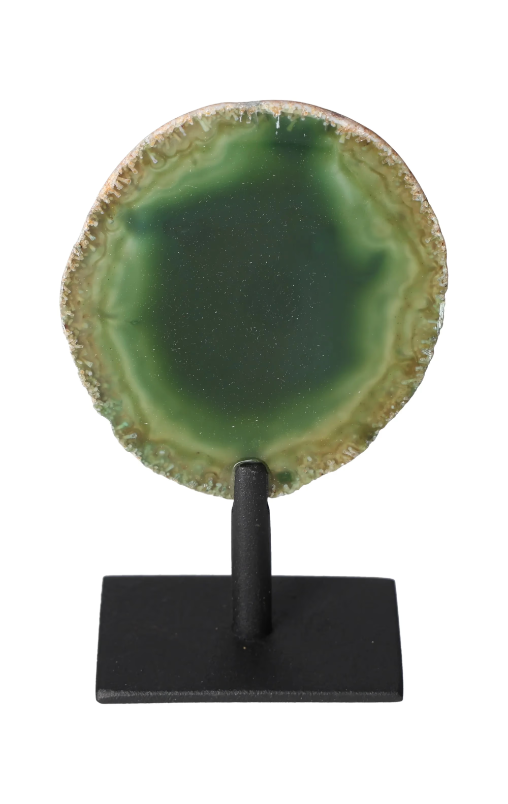 Thin Agate Slice Iron Base 635530 offering calming and grounding energy with green tones on a sturdy iron stand.
