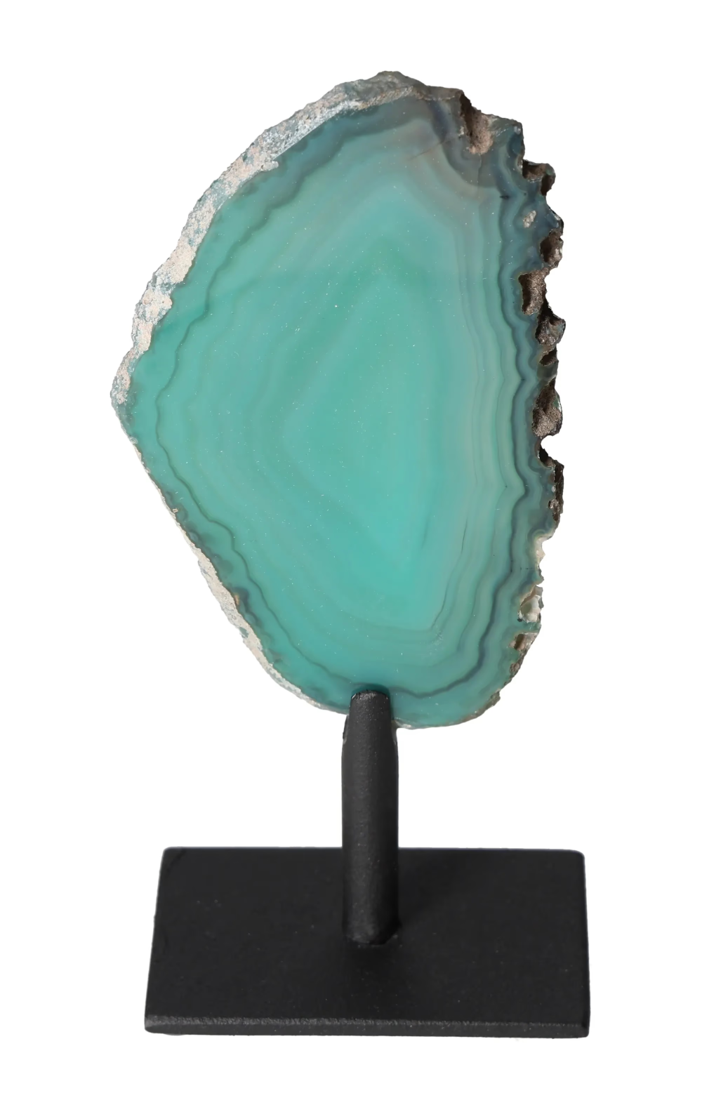 Thin Agate Slice Iron Base 635530 providing calming and balancing energy displayed elegantly on a stand.