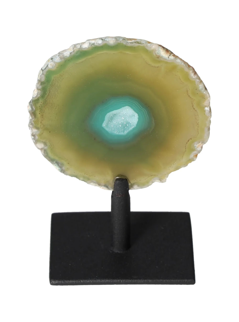 Thin Agate Slice Iron Base 635547, harmonizing stone for balance and calm, displayed on a sturdy iron base.