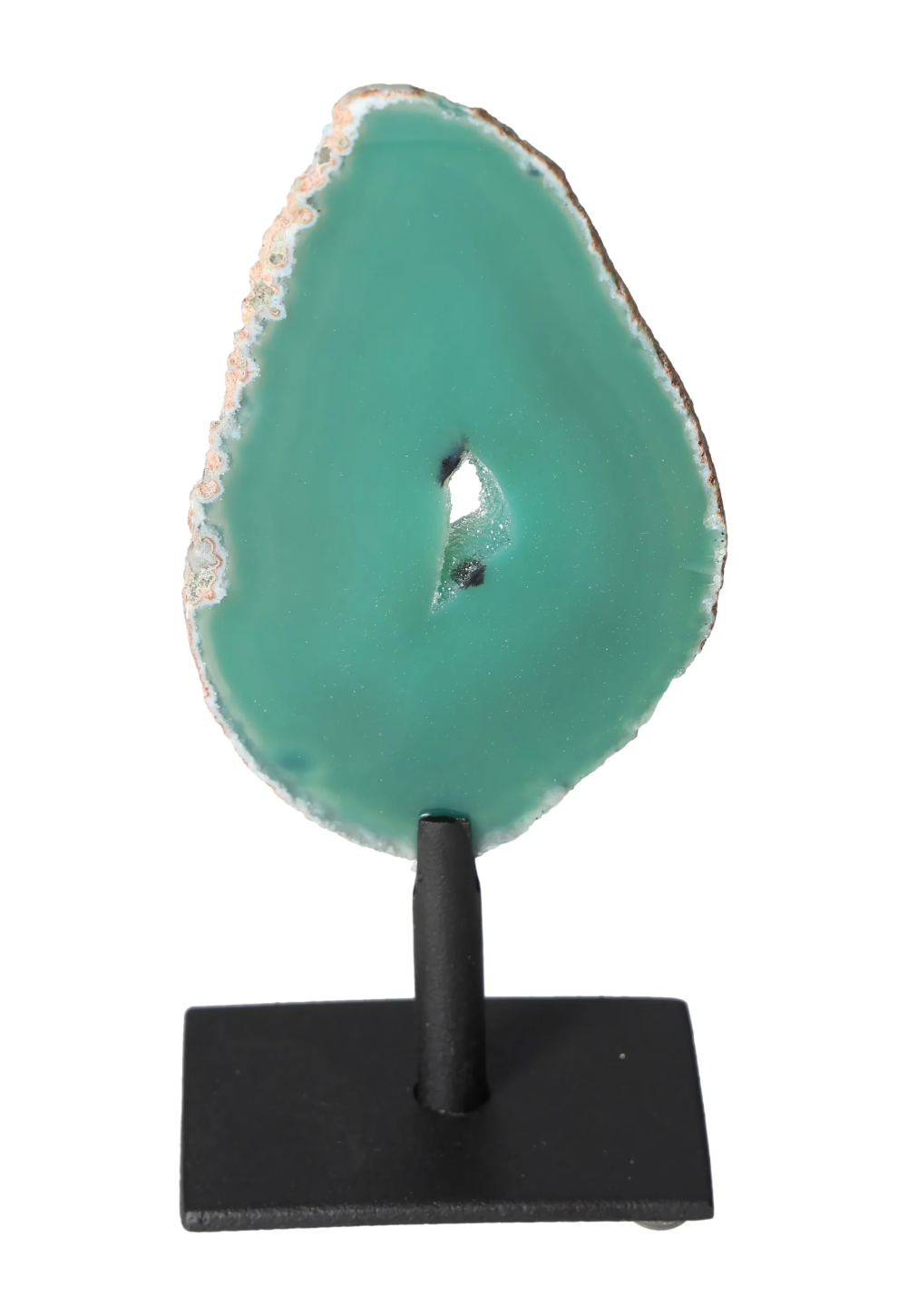 Thin Agate Slice Iron Base 635554 offering balance and grounding energies on a sturdy stand.