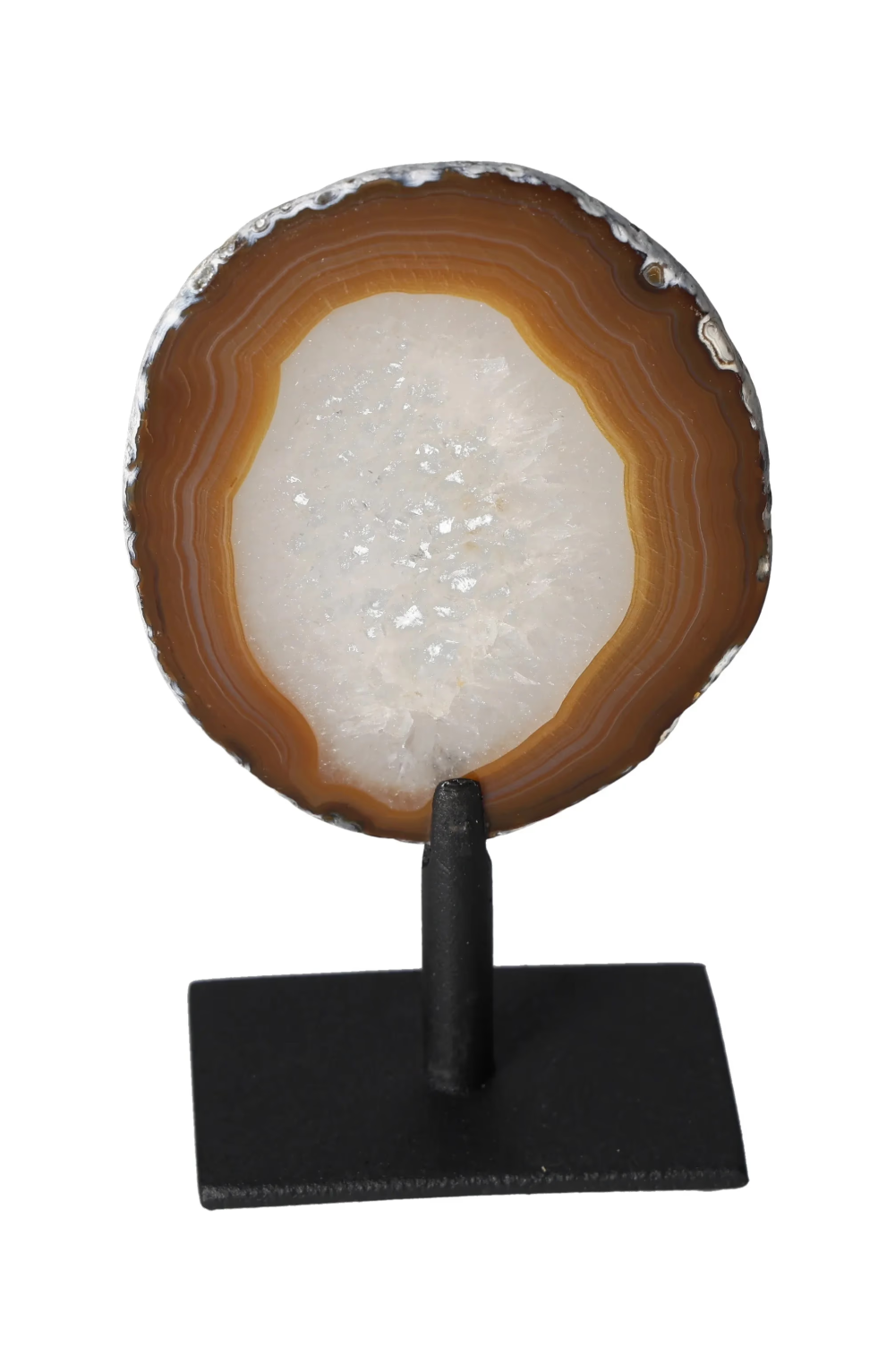 Thin Agate Slice With Quartz Iron Base 635561 for energy balance and grounding, displayed on a black stand.