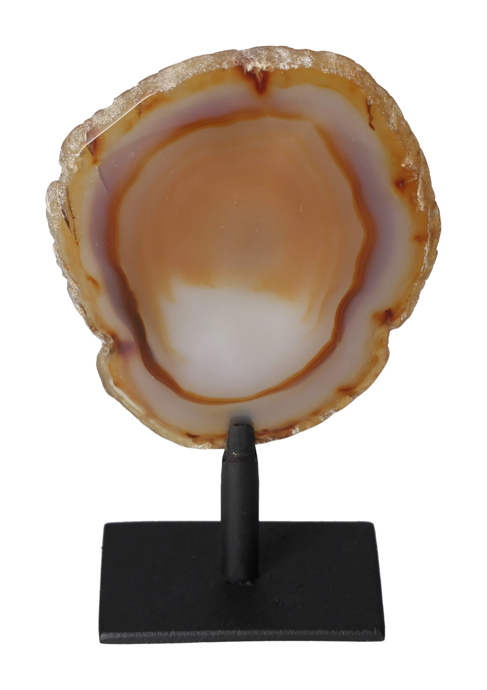 Thin Agate Slice Iron Base 635578 displayed upright, showcasing its natural patterns and colors on a black stand for grounding energy.