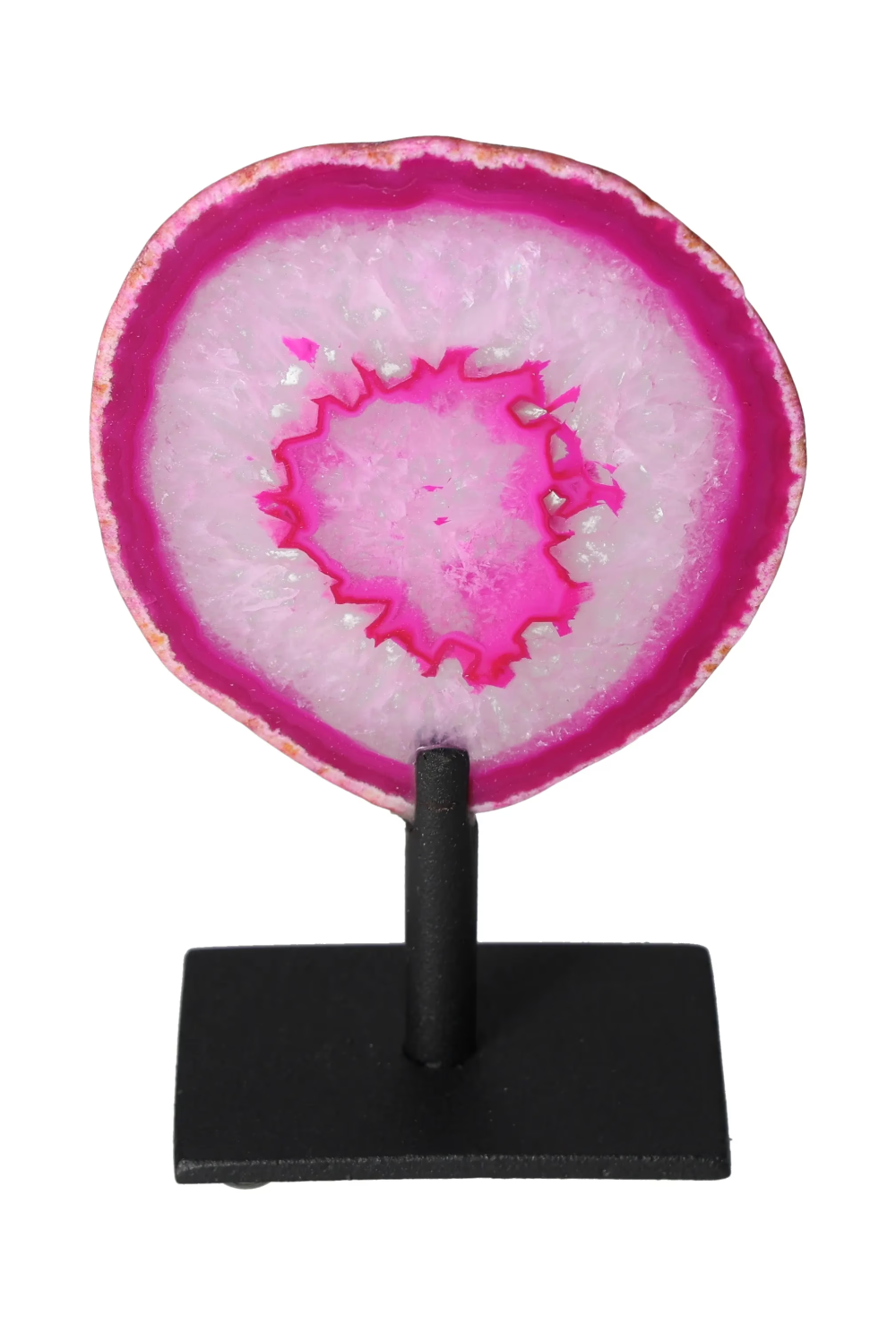 Thin Agate Slice With Quartz Iron Base 635608, pink agate stone on black stand, harmonizing body and mind energies.