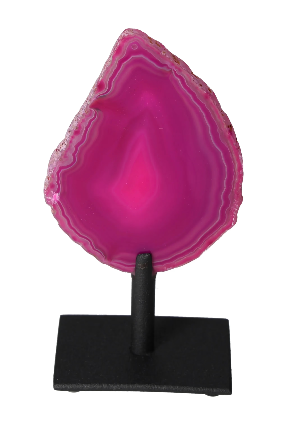 Thin Agate Slice Iron Base 635622 in vibrant pink, promoting energy harmony, balance, and grounding for body, mind, and emotions.