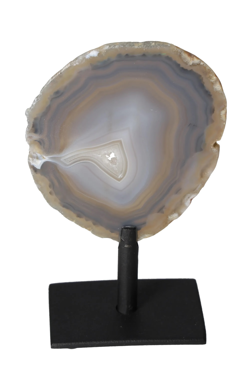 Thin Agate Slice Iron Base 635639, a calming stone that harmonizes energy and provides security, perfect for home decor.