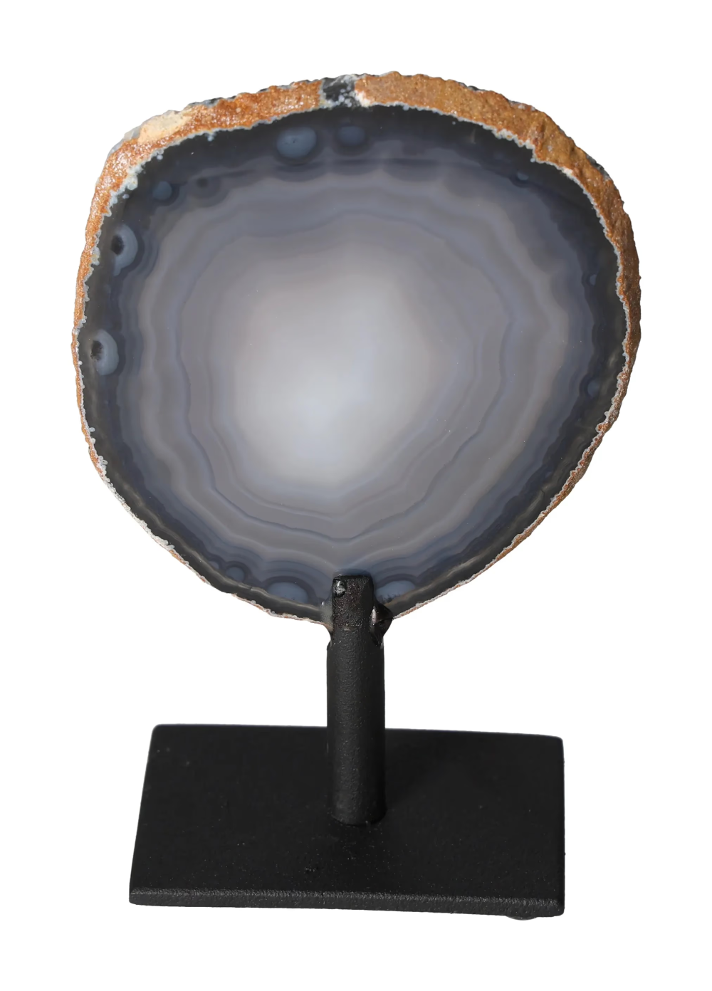 Thin Agate Slice Iron Base 635646 offering balance and calm on a sturdy black stand, harmonizing body, mind, and emotions.