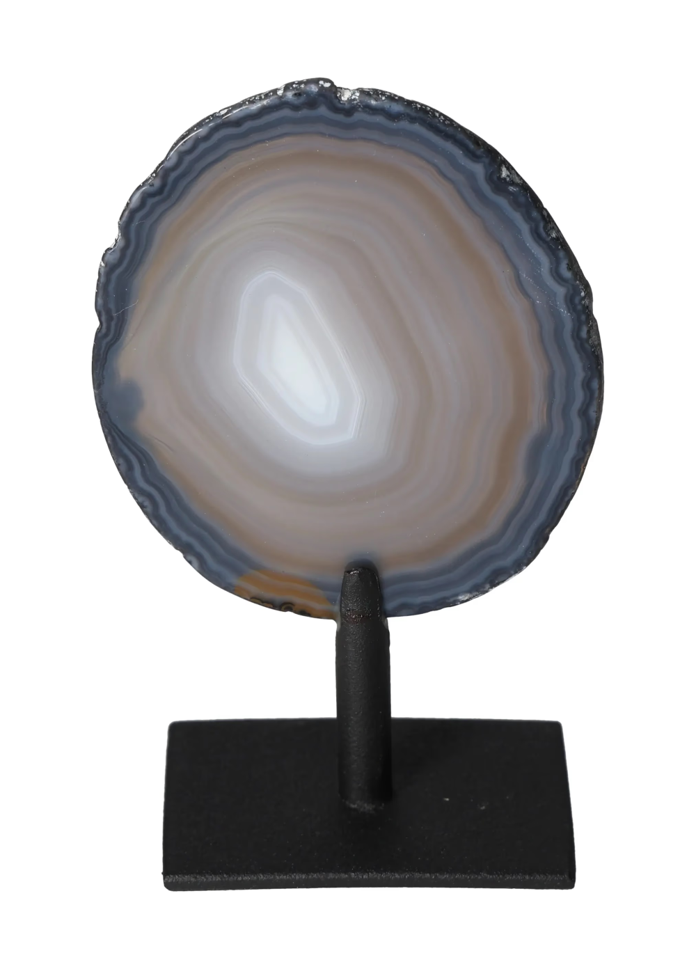 Thin Agate Slice Iron Base 635646 displaying natural banded patterns, ideal for energy balance and calming ambiance.