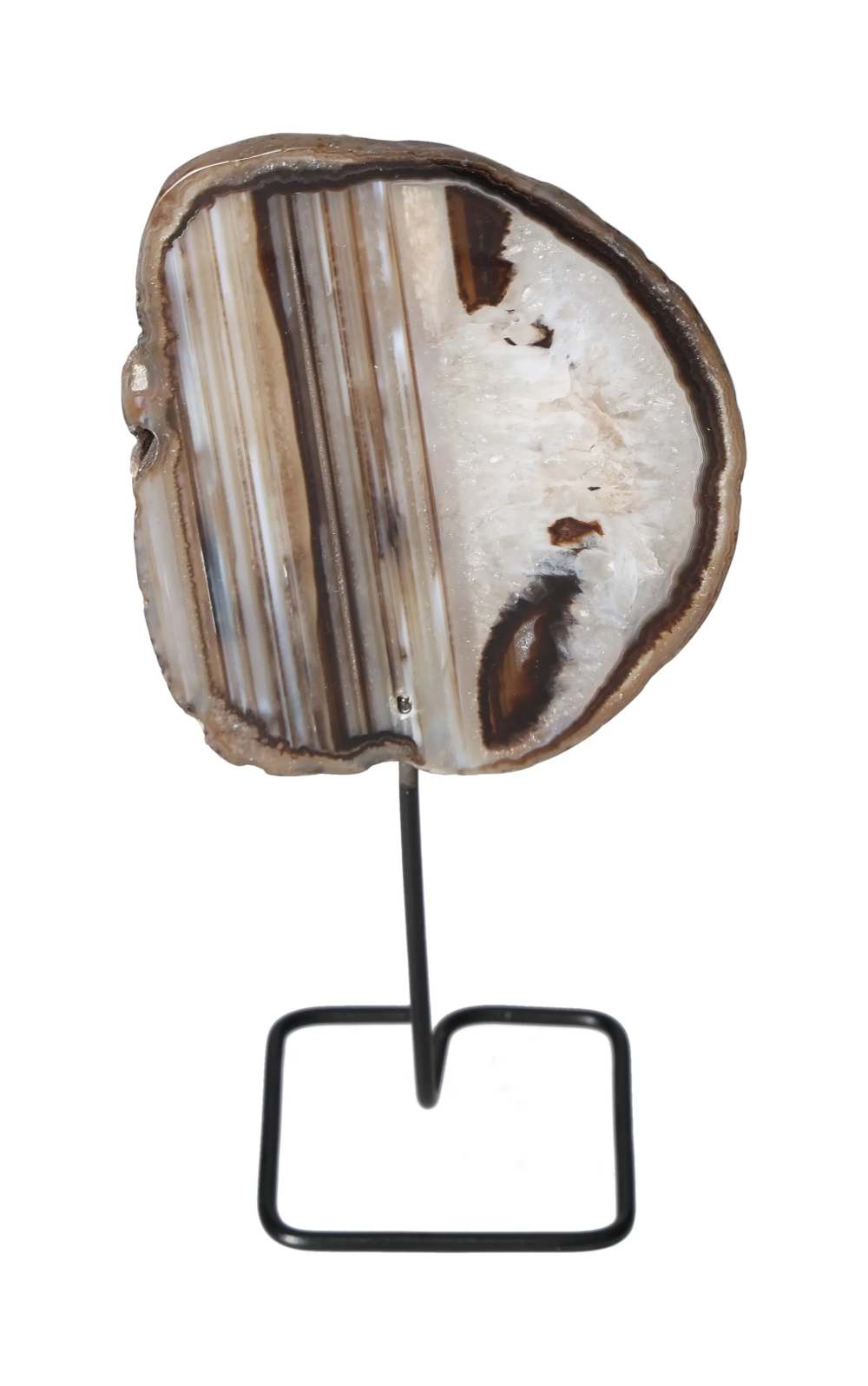 Thin Agate Slice Iron Base 635660 on a sleek stand, showcasing its natural beauty and calming energy properties.
