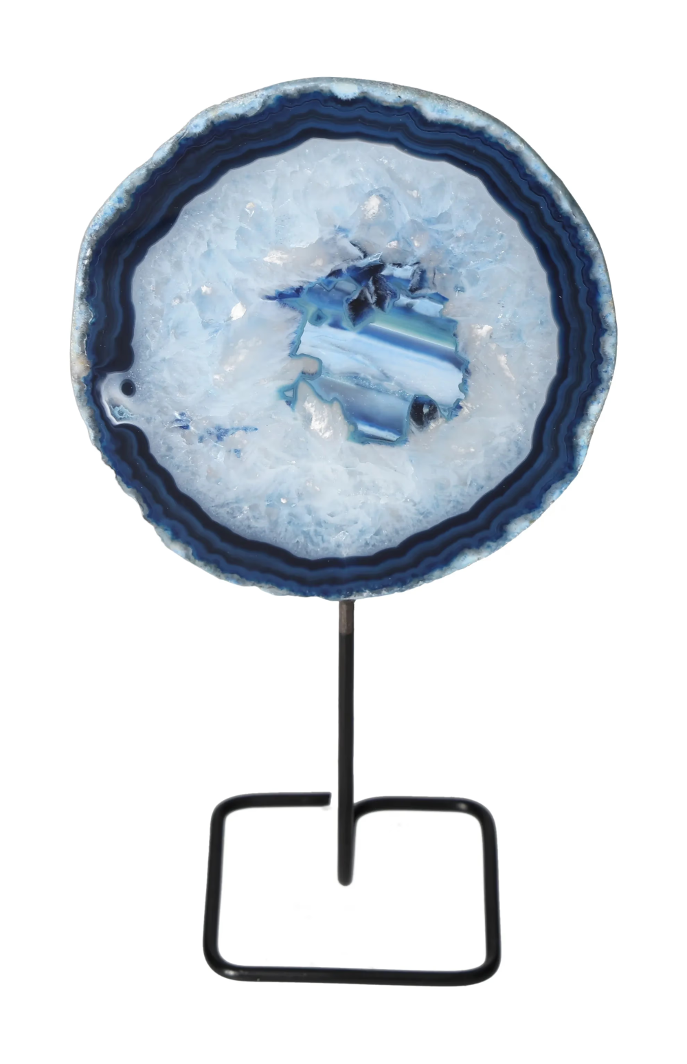 Thin Agate Slice Iron Base 635684 providing balance and calm with blue crystalline hues.