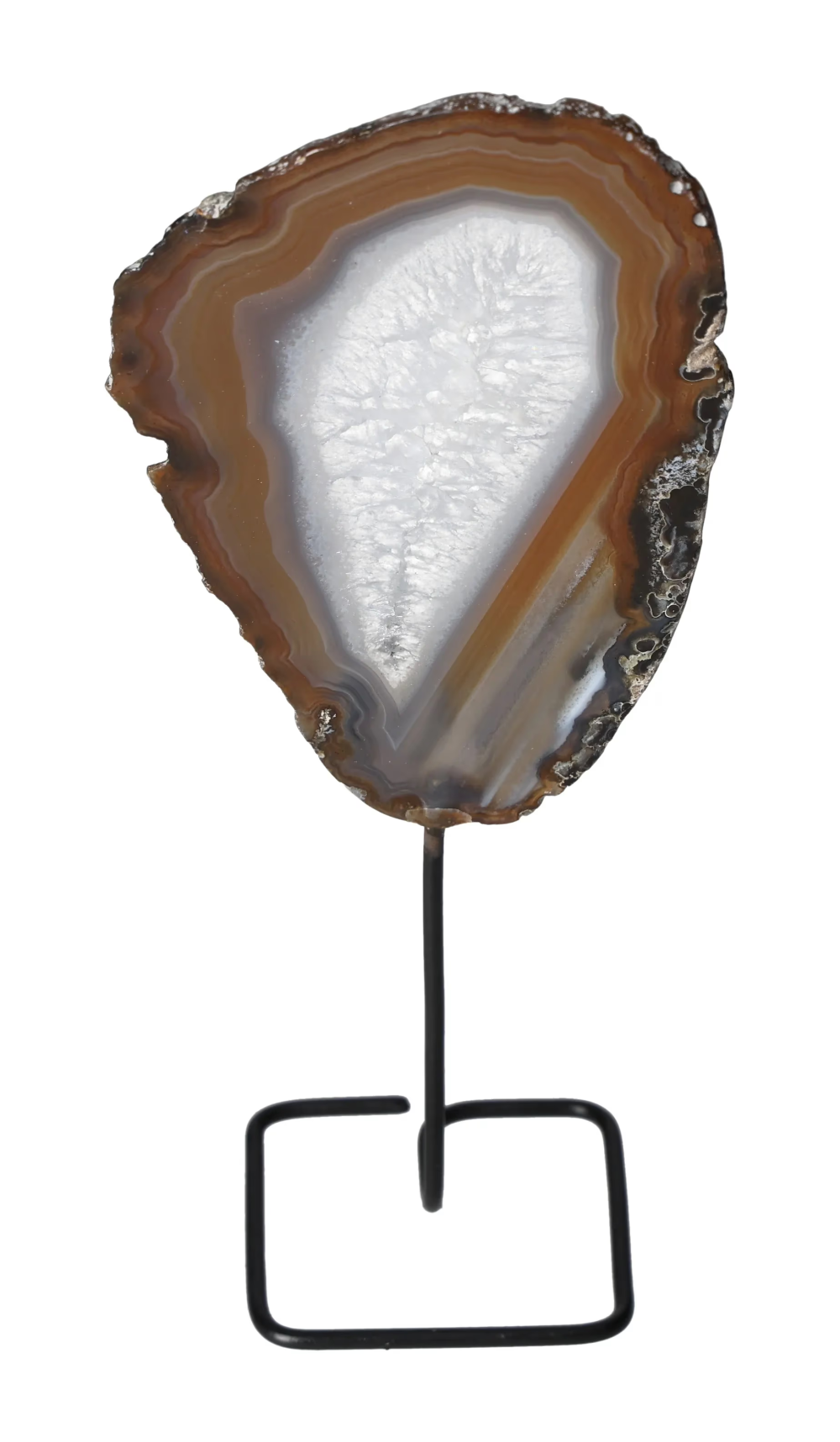 Elegant Thin Agate Slice Iron Base 635691, perfect for harmonizing energy and providing balance, displayed on a sleek iron stand.