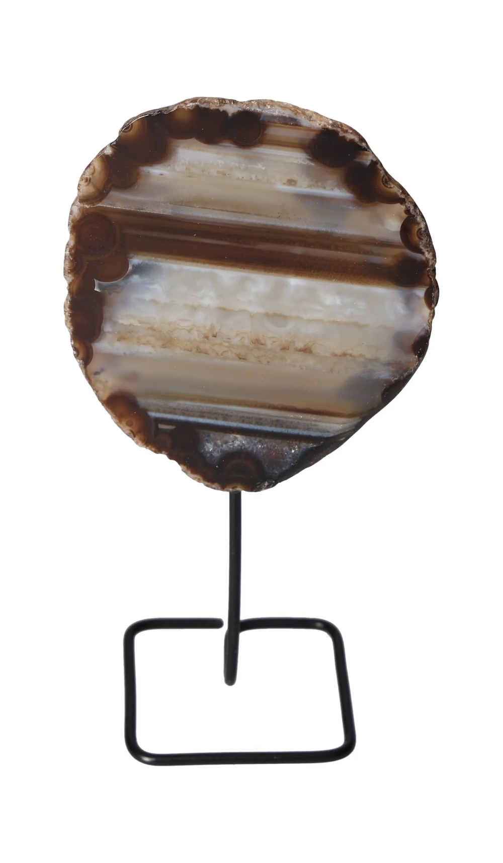 Thin Agate Slice Iron Base 635691, a harmonizing stone on a sleek stand, promotes balance and grounding energy.